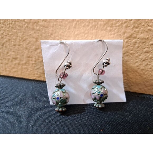 Vintage Cloisonné Bead Dangle Earrings With Silver Hooks - Picture 3 of 4